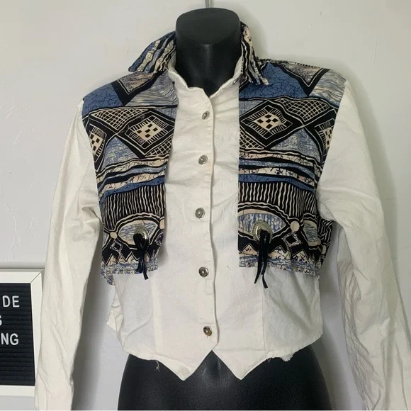 Vintage Roughrider Western Fringe Cropped Button Up Shirt Blue Black Small - Picture 3 of 14